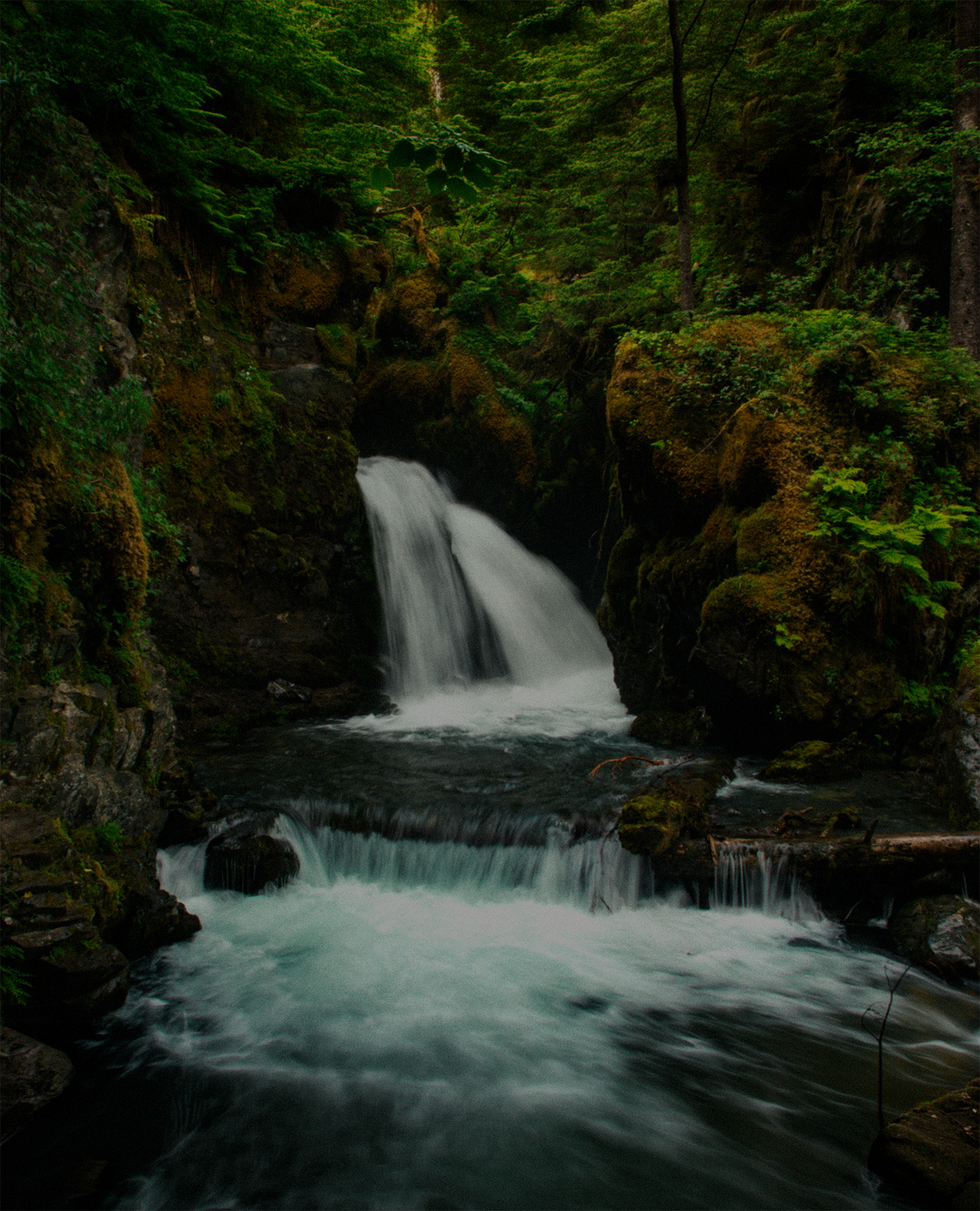 Waterfall in a forest with moss-covered rocks