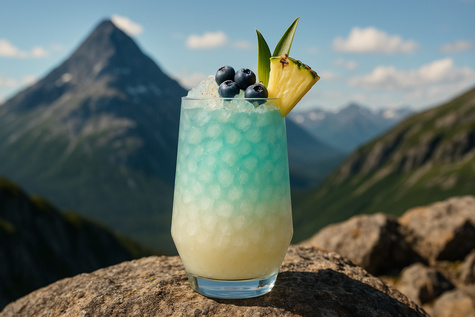 Blue and green layered cocktail with a pineapple wedge and blueberries on a mountain background