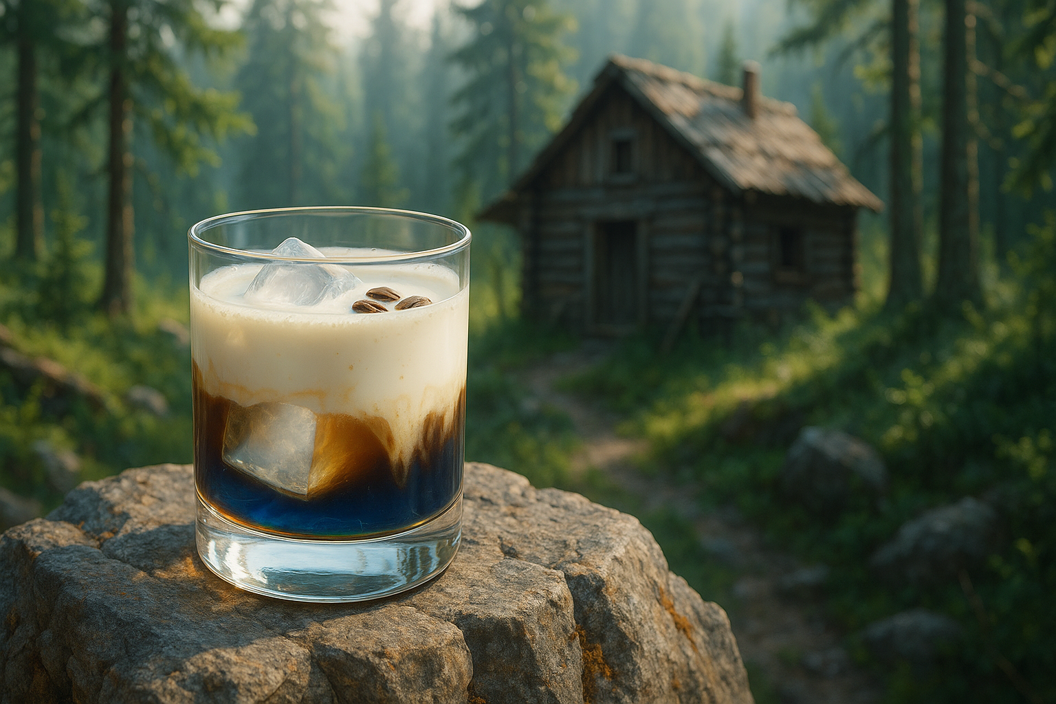 Glass of layered drink with ice cubes on a rock in front of a wooden cabin in the woods