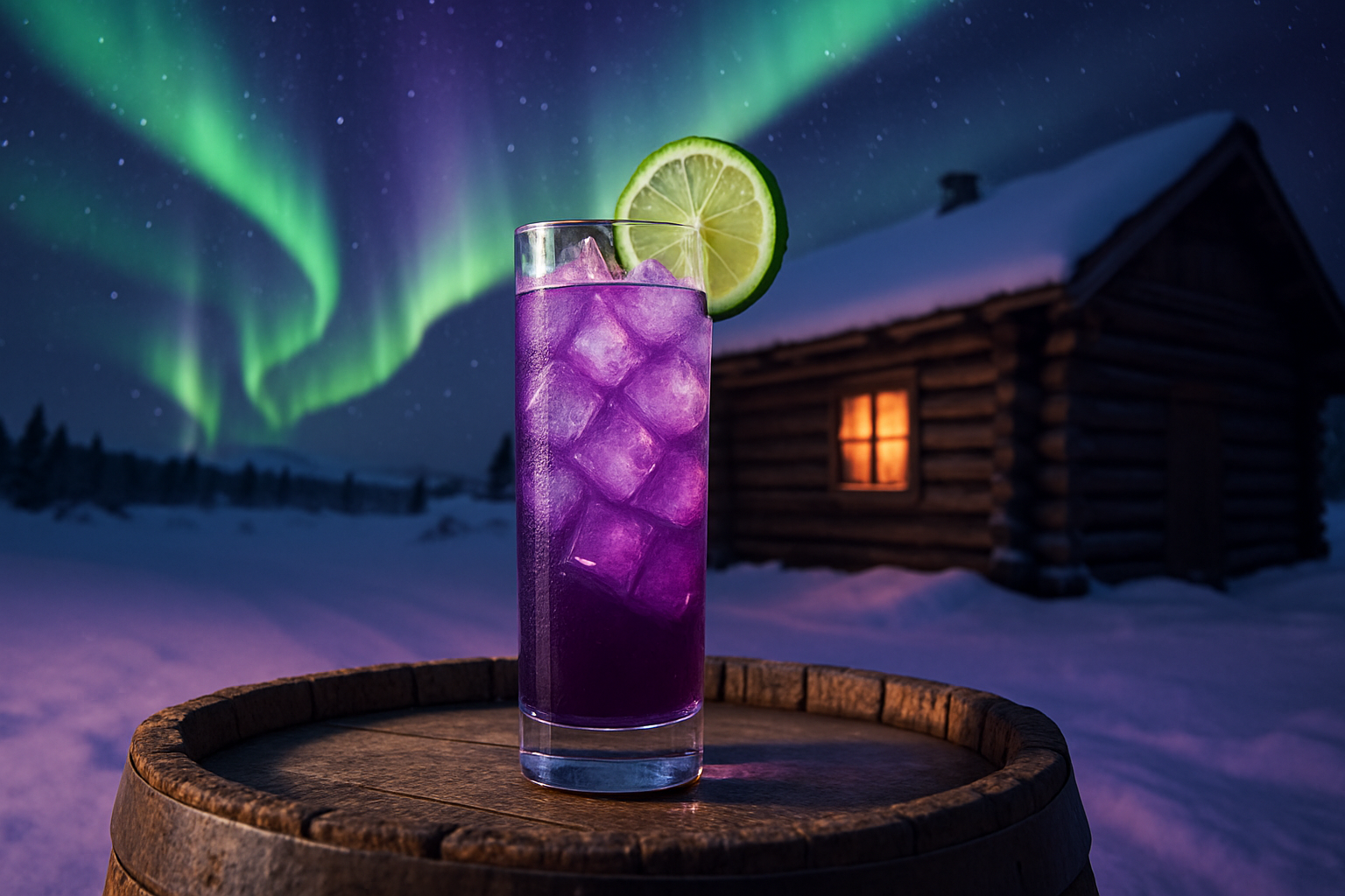 Purple cocktail with a lime wedge on a wooden barrel in front of a snowy cabin with the Northern Lights in the background.