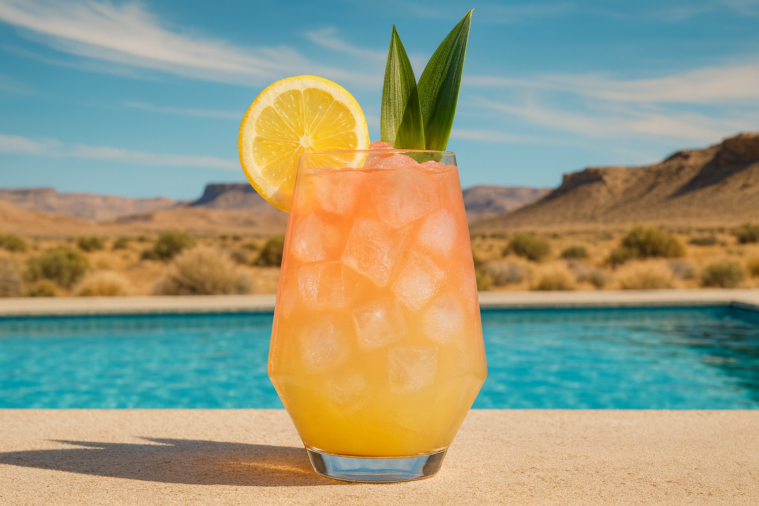 Glass of orange cocktail with lemon and mint garnish by a pool with desert landscape in the background