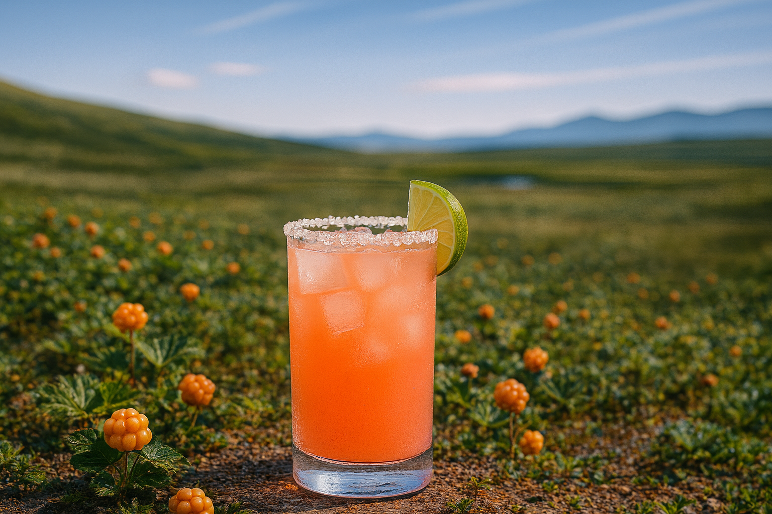 Orange cocktail with a lime wedge in a glass on a grassy field with flowers and mountains in the background