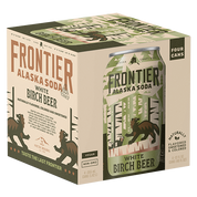 Box of Frontier Alaska Soda White Birch Beer with can design on a white background