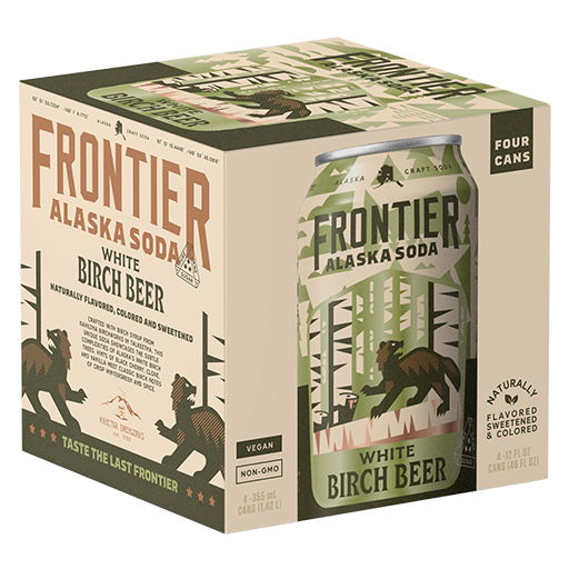 Box of Frontier Alaska Soda White Birch Beer with can design on a white background