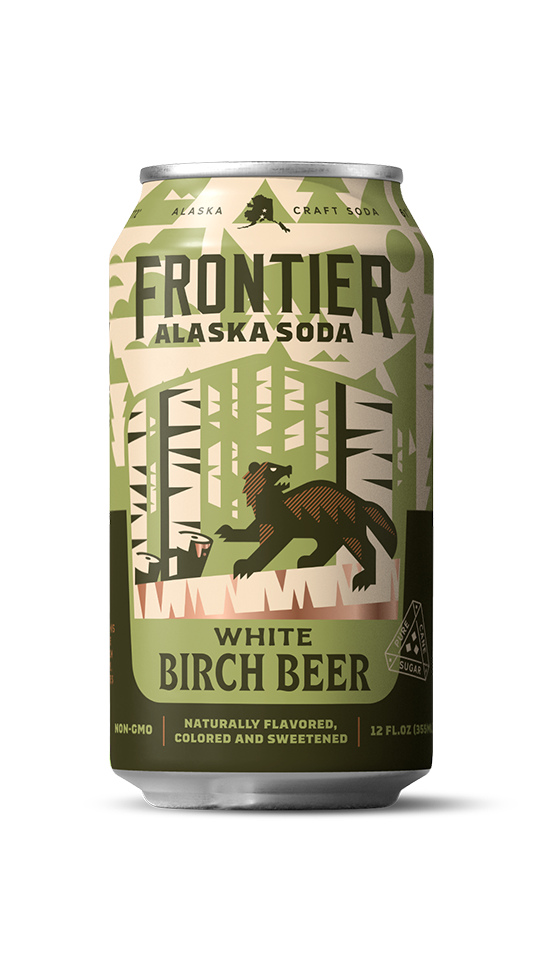 Frontier Alaska Soda White Birch Beer can on a white background