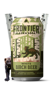Frontier Alaska Soda White Birch Beer can with bear illustration on a white background