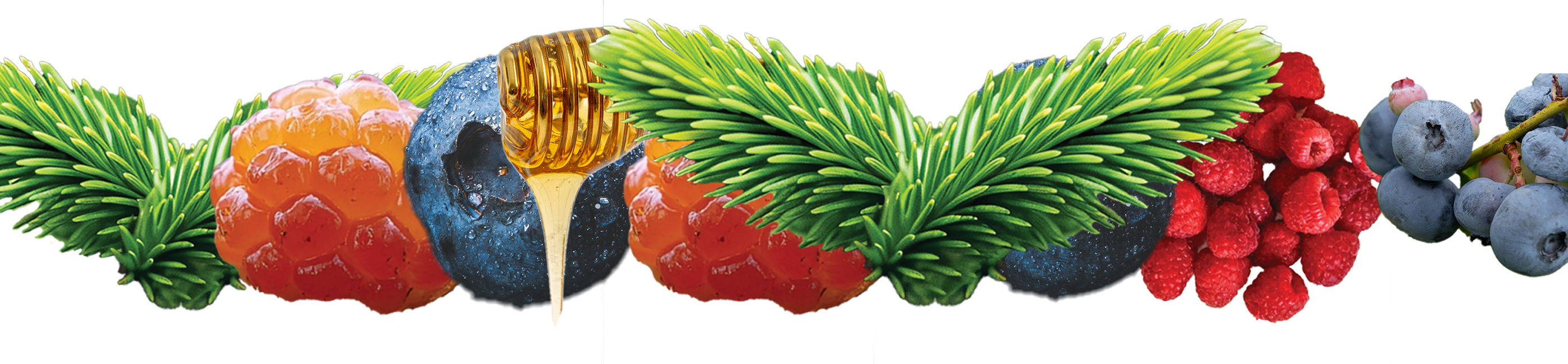 Colorful fruit and berry decorations on a white background