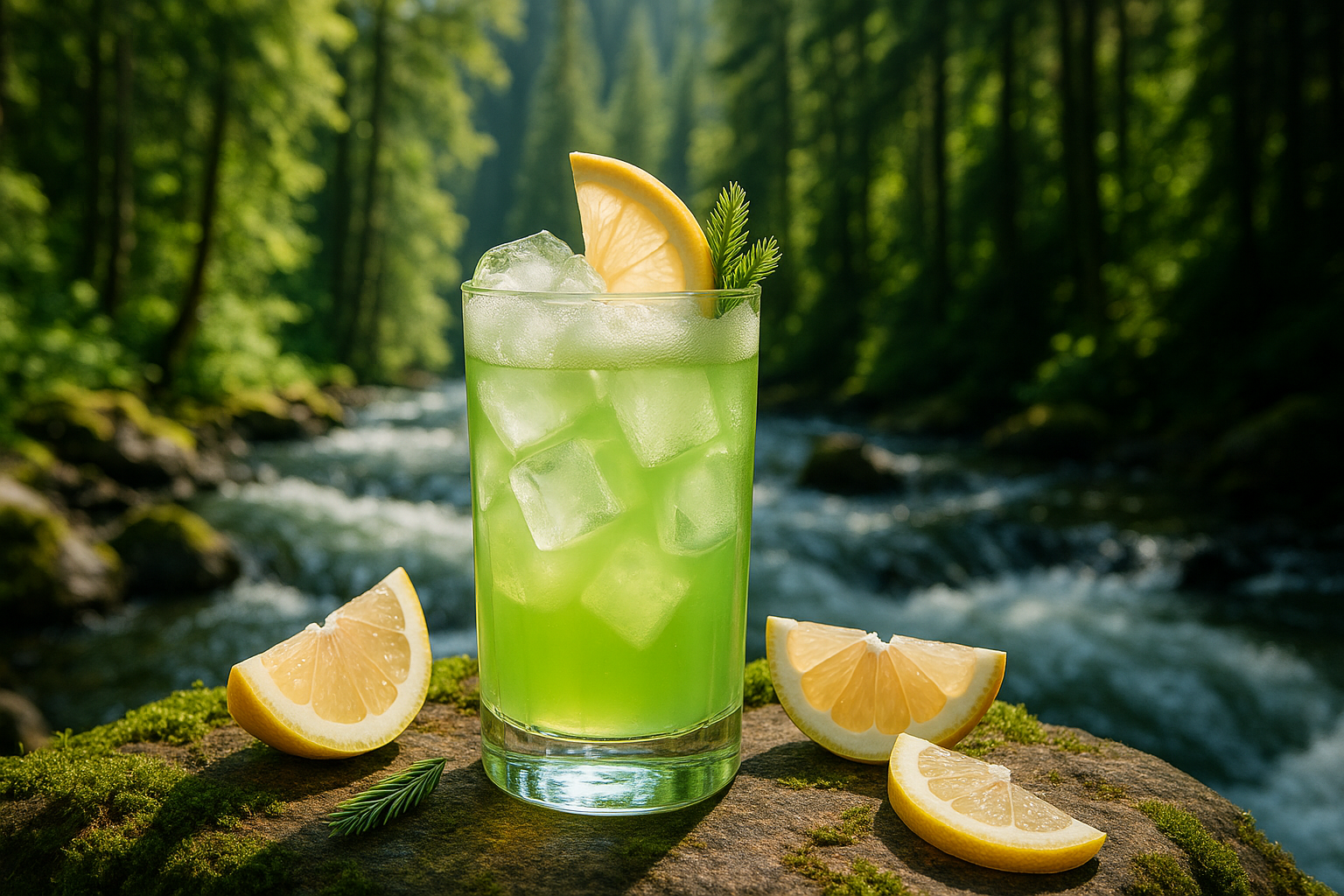 Green cocktail with lemon slices on a rock by a forest stream