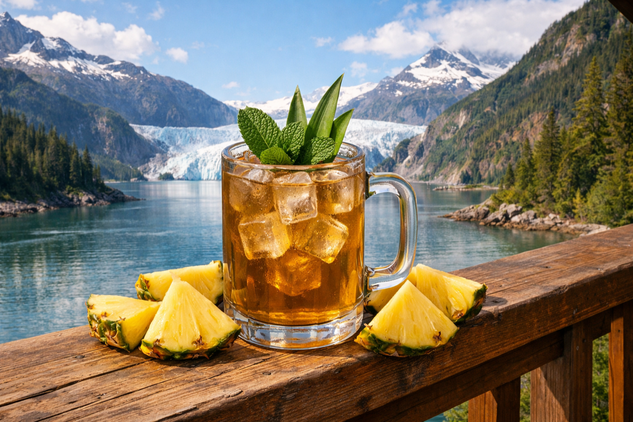 Glass of iced tea with pineapple slices on a wooden deck overlooking a scenic mountain landscape.