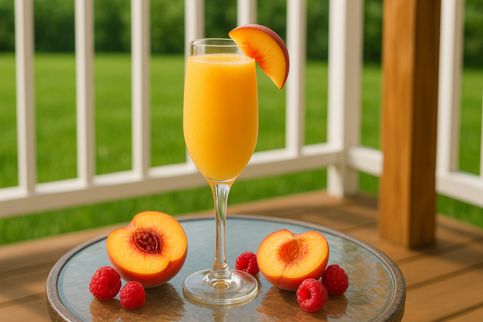 Glass of orange juice with peach slices and raspberries on a table outdoors.
