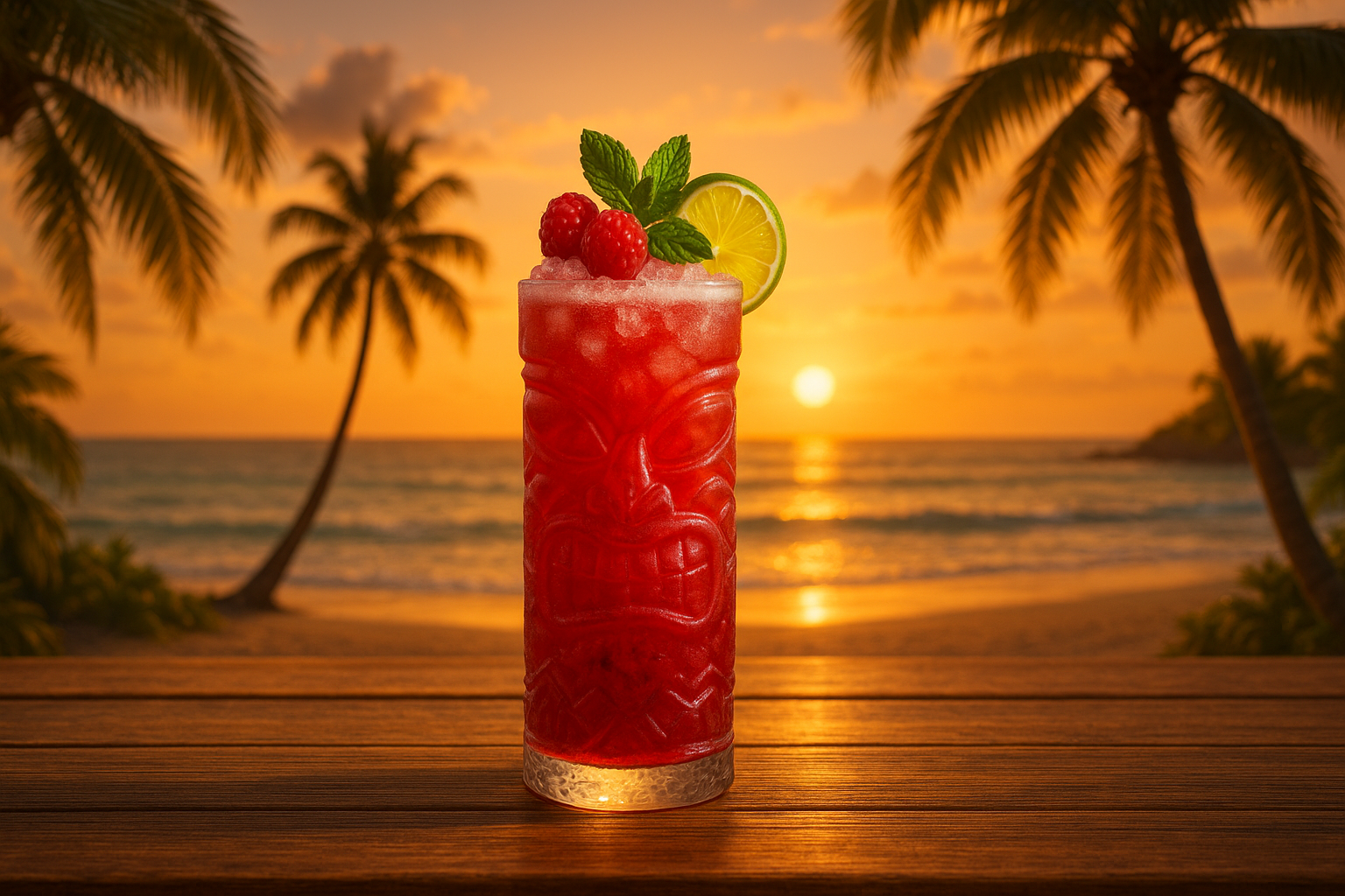 Tropical cocktail with a sunset and palm trees in the background
