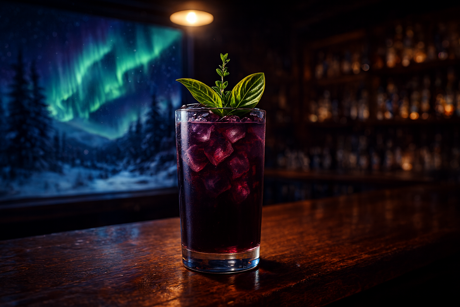 Dark purple cocktail with ice and a leaf on a bar counter, with a scenic background